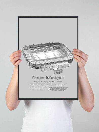 Fodbold plakat med Brøndby IF stadion. Denne fodbold plakat med Brøndby IF park er i flot stilren grå baggrund