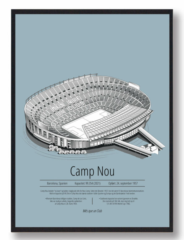 Fodbold plakat med Barcelona stadion. Denne fodbold plakat med Barcelona er i flot stilren lyseblå baggrund