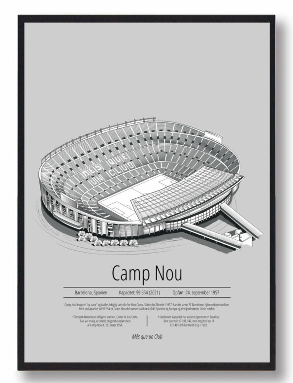 Fodbold plakat med Barcelona stadion. Denne fodbold plakat med Barcelona er i flot stilren grå baggrund