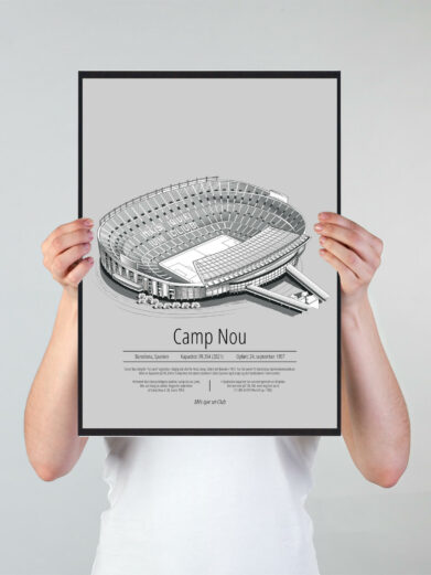 Fodbold plakat med Barcelona stadion. Denne fodbold plakat med Barcelona er i flot stilren grå baggrund