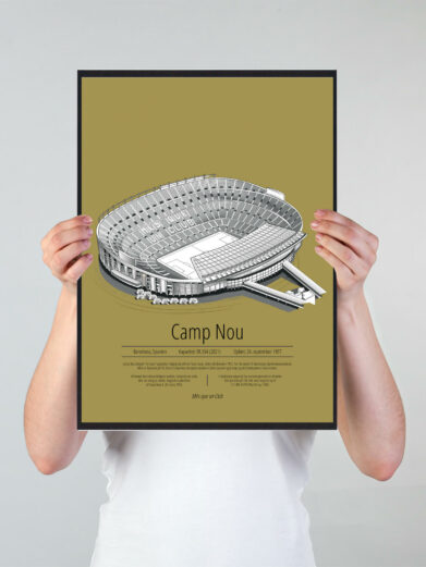 Fodbold plakat med Barcelona stadion. Denne fodbold plakat med Barcelona er i flot stilren gul baggrund
