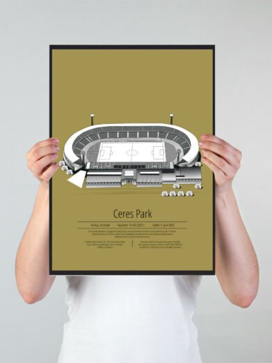 Fodbold plakat med AGF stadion. Denne fodbold plakat med AGF er i flot stilren gul baggrund