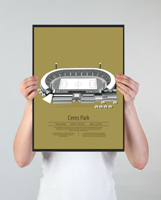 Fodbold plakat med AGF stadion. Denne fodbold plakat med AGF er i flot stilren gul baggrund