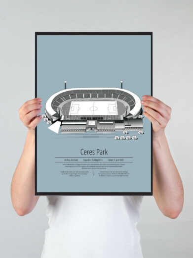 Fodbold plakat med AGF stadion. Denne fodbold plakat med AGF er i flot stilren lyseblå baggrund