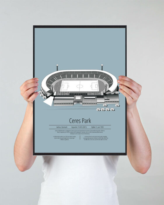 Fodbold plakat med AGF stadion. Denne fodbold plakat med AGF er i flot stilren lyseblå baggrund