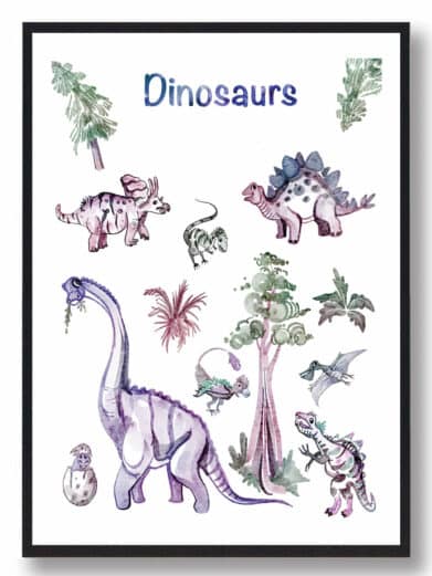 Håndtegnet Dinosaurplakat: Farverige illustrationer af forskellige dinosaurer, perfekt til børneværelset. Se de fine detaljer og bløde farver!