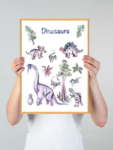 Håndtegnet Dinosaurplakat med blå dinosaurer i akvarel stil. Perfekt børneplakat til dinosaur-entusiaster. Detaljeret og farverig.