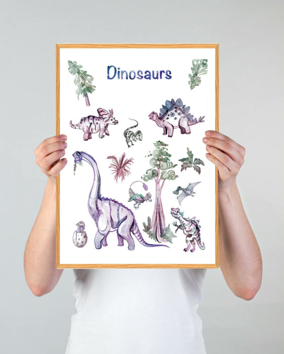 De mest populære dinosaur er på denne plakat. Dinosaur plakat er håndtegnet og passer godt til børneværelset. T-rex, langhals og mange dinosaurer, finder du på plakaten