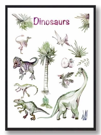 Håndtegnet Dinosaurplakat med grønne dinosaurer. Akvarel stil, perfekt til børneværelset. Detaljeret og sødt design.