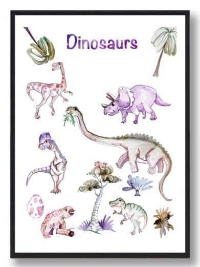 Håndtegnet dinosaurplakat i lilla nuancer. Børneplakat med forskellige dinosaurer og planter. Perfekt til børneværelset!