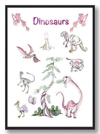 Håndtegnet dinosaurplakat i lyserød. Illustration af forskellige dinosaurer i akvarel stil. Perfekt børneplakat.