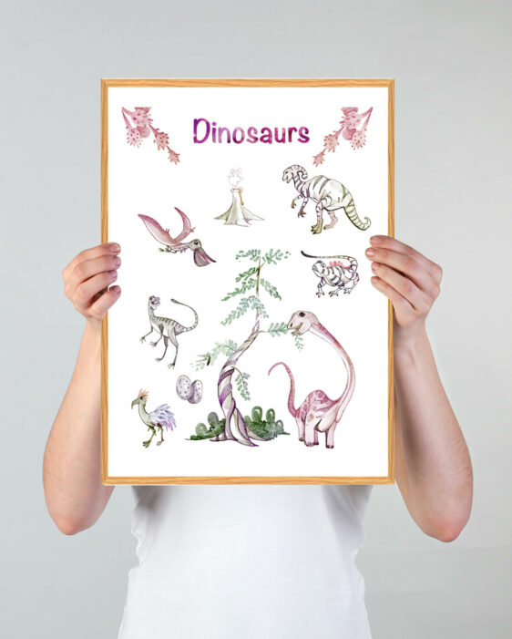 Dinoplakat i håndtegnet tegnestil. Dinoplakaten passer perfekt til ham/hende der elsker dinosaurer og vil indrette børneværelset med det