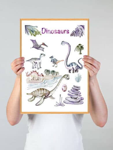Håndtegnet Dinosaurplakat med mange dinosaurer. Akvarel børneplakat, farverig og pædagogisk. Perfekt til børneværelset.