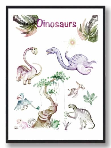 Hand-drawn dinosaur poster featuring cute dinosaurs in watercolor style. Perfect for kids' room decor. On sale now!