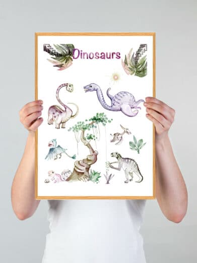 Dinosaurplakat håndtegnet med søde dinosaurer i akvarel. Perfekt børneplakat til dino-fans!