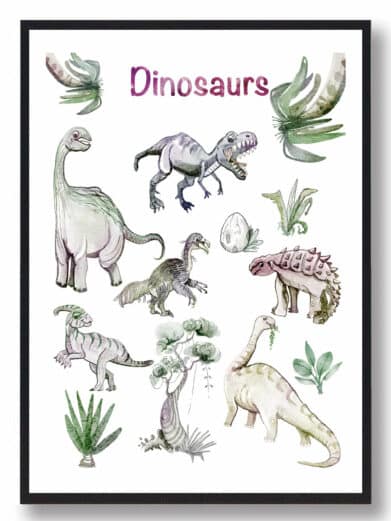 Håndtegnet Dinosaurplakat med store dinosaurer. Farverige illustrationer af forskellige dinosaurarter på hvid baggrund. Børneplakat.