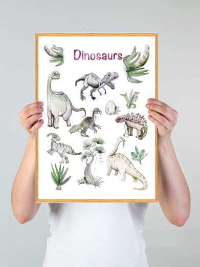 Håndtegnet Dinosaurplakat med forskellige dinosaurer i akvarel stil. Børneplakat med store dinosaurer. Detaljeret og farverig illustration.