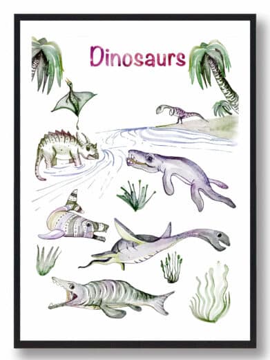 Håndtegnet Dinosaurplakat med vand dinosaurer. Farverige illustrationer i akvarel stil. Perfekt børneplakat, 25 kr. på tilbud.
