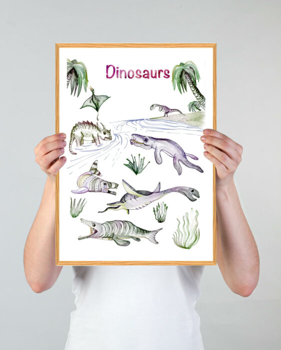 Dinosaur plakat i håndtegnet stil. Denne dinosaur plakat viser mange forskellige dinosaurer.