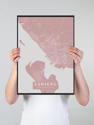 Esbjerg byplakat i stilrent design. Denne Esbjerg byplakat er med rosa baggrund og viser Esbjerg fra sin smukkeste side