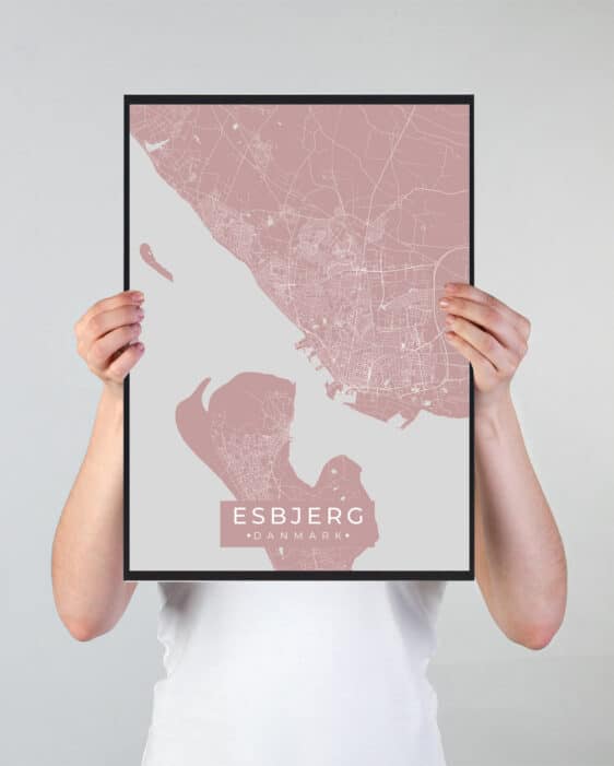 Esbjerg byplakat i stilrent design. Denne Esbjerg byplakat er med rosa baggrund og viser Esbjerg fra sin smukkeste side