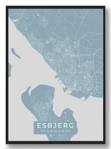 Esbjerg byplakat i stilrent design. Denne Esbjerg byplakat er med lyseblå baggrund og viser Esbjerg fra sin smukkeste side
