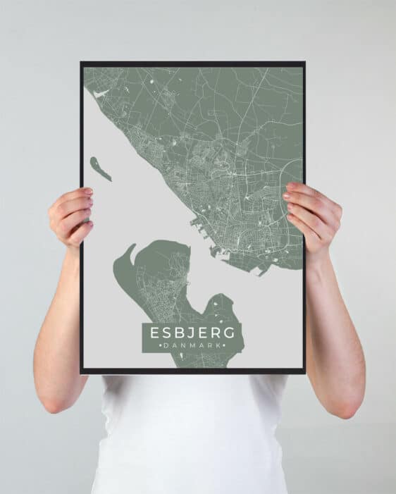 Esbjerg byplakat i stilrent design. Denne Esbjerg byplakat er med grøn baggrund og viser Esbjerg fra sin smukkeste side
