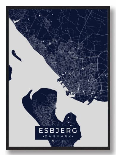 Esbjerg byplakat i stilrent design. Denne Esbjerg byplakat er med mørkeblå baggrund og viser Esbjerg fra sin smukkeste side