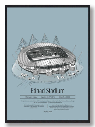 Fodbold plakat med Manchester City stadion. Denne fodbold plakat med Manchester City er i flot stilren lyseblå baggrund