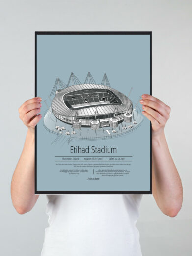 Fodbold plakat med Manchester City stadion. Denne fodbold plakat med Manchester City er i flot stilren lyseblå baggrund