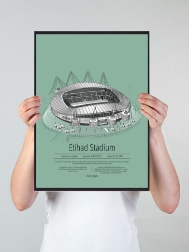 Fodbold plakat med Manchester City stadion. Denne fodbold plakat med Manchester City er i flot stilren grøn baggrund