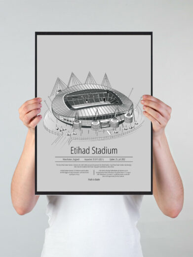 Fodbold plakat med Manchester City stadion. Denne fodbold plakat med Manchester City er i flot stilren grå baggrund