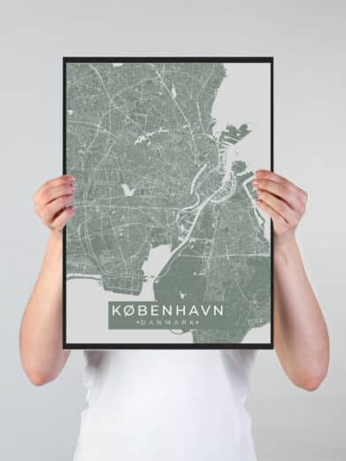 København plakat - grøn by. Viser et detaljeret kort over København i en stilfuld grøn nuance, indrammet i sort.
