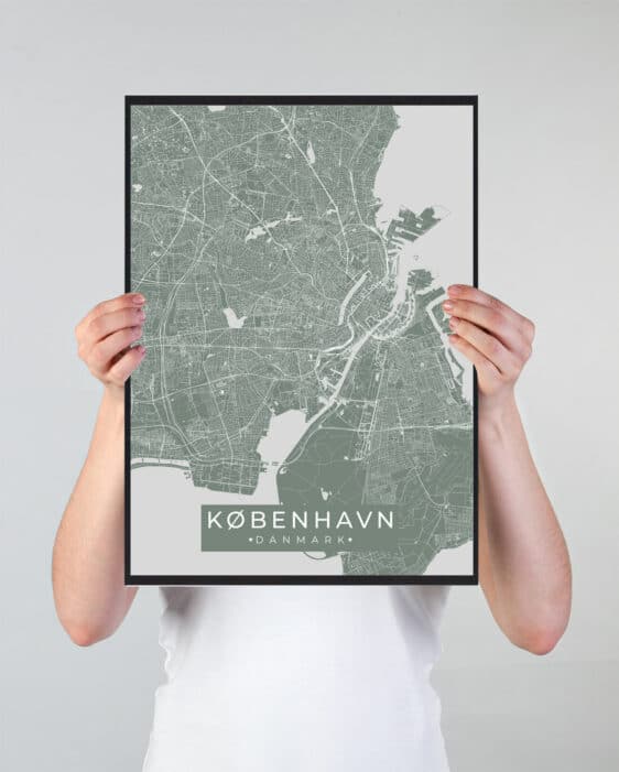København plakat - grøn by. Viser et detaljeret kort over København i en stilfuld grøn nuance, indrammet i sort.