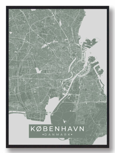 København plakat i grøn by stil. Viser et detaljeret kort over København, Danmark med gader og vandveje i grønne nuancer.