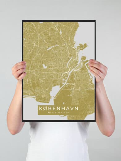 København plakat i guld. Detaljeret kort over København, Danmark. Moderne design. Perfekt til hjemmet eller kontoret.