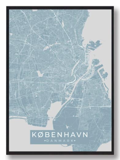 København plakat: A detailed map of Copenhagen, Denmark in light blue and white, framed in black. Shows city streets and waterways.