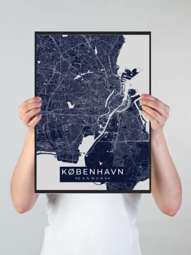 København plakat i blå og hvid. Visuelt kort over København, Danmark. Moderne design. Perfekt til stuen eller kontoret.