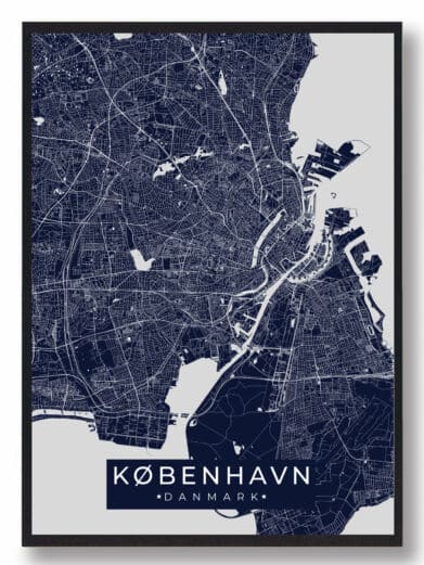 København plakat: Stilfuldt kort over København i mørkeblå og hvide nuancer. Perfekt til at dekorere dit hjem eller kontor.