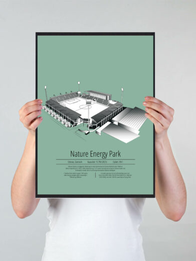 Fodbold plakat med OB stadion. Denne fodbold plakat med OB er i flot stilren grøn baggrund