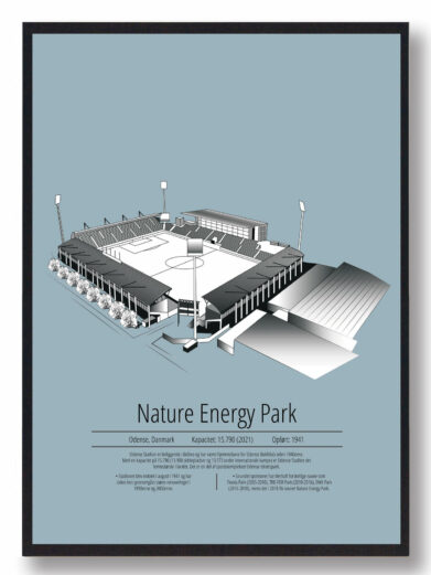 Fodbold plakat med OB stadion. Denne fodbold plakat med OB er i flot stilren lyseblå baggrund