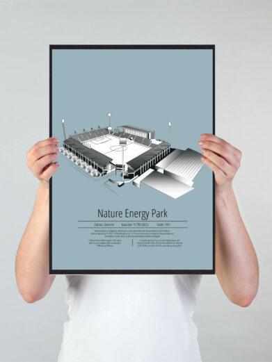 Fodbold plakat med OB stadion. Denne fodbold plakat med OB er i flot stilren lyseblå baggrund