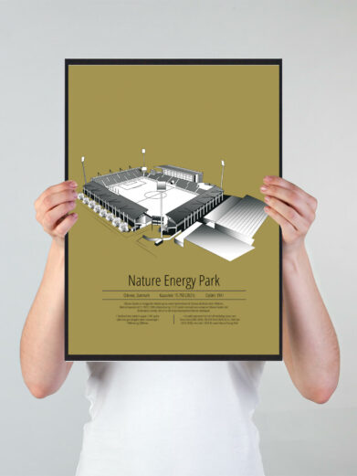Fodbold plakat med OB stadion. Denne fodbold plakat med OB er i flot stilren gul baggrund