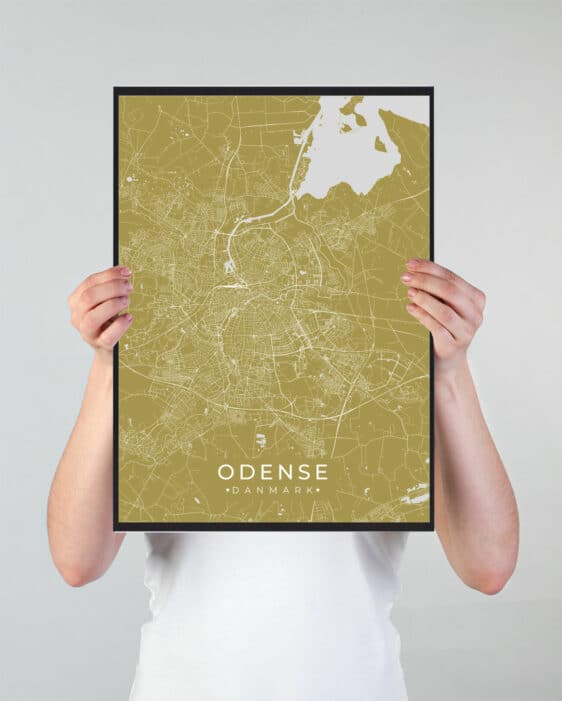 Odense poster featuring a detailed map of the city in green and white, held by a person in front of a neutral background.