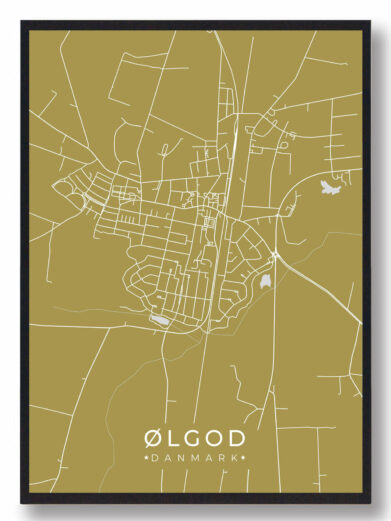 Ølgod byplakat i stilrent design. Denne Ølgod byplakat er med gul baggrund og viser Ølgod fra sin smukkeste side