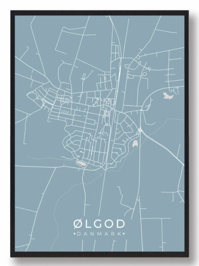 Ølgod byplakat i stilrent design. Denne Ølgod byplakat er med lyseblå baggrund og viser Ølgod fra sin smukkeste side