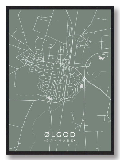 Ølgod byplakat i stilrent design. Denne Ølgod byplakat er med grøn baggrund og viser Ølgod fra sin smukkeste side
