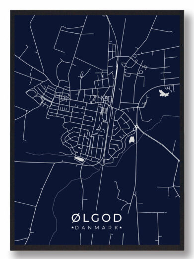 Ølgod byplakat i stilrent design. Denne Ølgod byplakat er med mørkeblå baggrund og viser Ølgod fra sin smukkeste side
