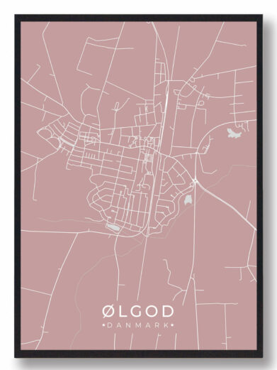 Ølgod byplakat i stilrent design. Denne Ølgod byplakat er med rosa baggrund og viser Ølgod fra sin smukkeste side