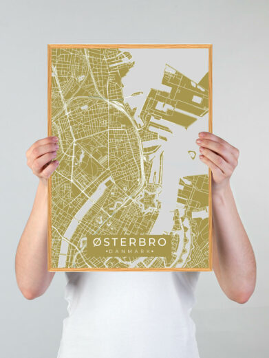 Østerbro by plakat med gul baggrund. Østerbro byplakaten viser Østerbro fra sin smukkeste side